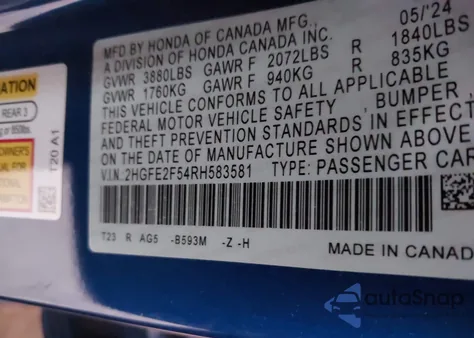 2024 Honda Civic Sport из США, поврежденный, VIN 2HGFE2F54RH583581